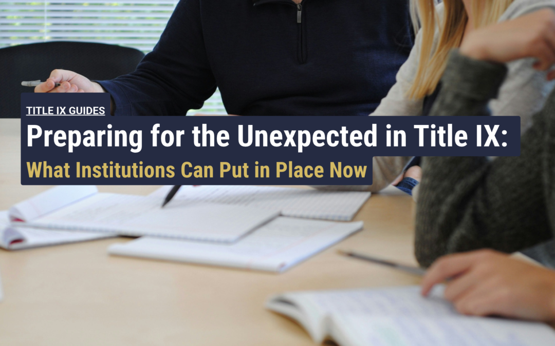 Three professionals reviewing documents together for a guide on preparing for complex Title IX matters.